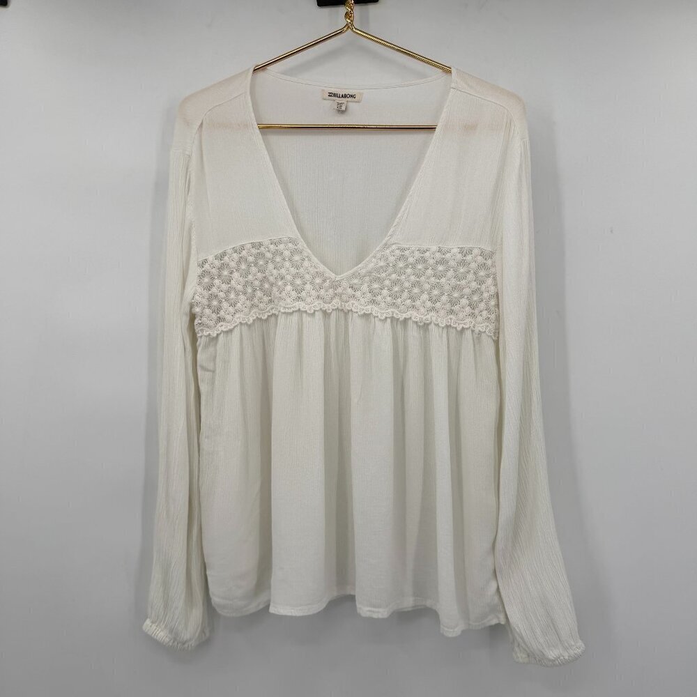 Billabong Boho Cream Lace Trim V-Neck Long Sleeve Top Women’s M/M